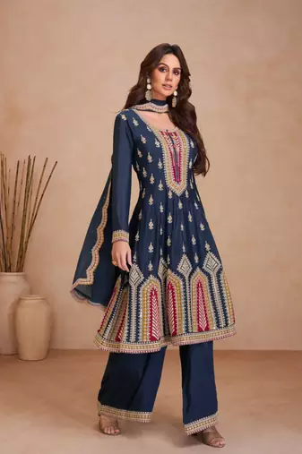 Blue embroidered chinnon free size stitched palazzo anarkali.(size Free size full stitched Up To 42")