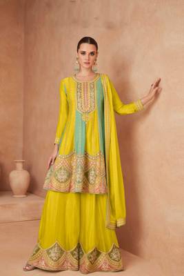 Yellow embroidered chinnon free size stitched palazzo anarkali.(size up to 42") 1