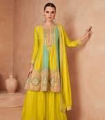 Yellow embroidered chinnon free size stitched palazzo anarkali.(size up to 42")