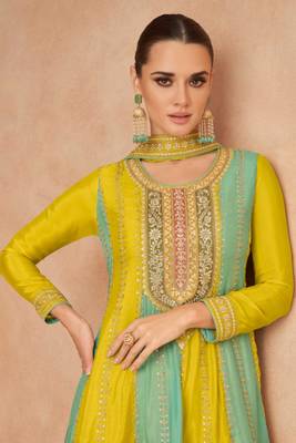 Yellow embroidered chinnon free size stitched palazzo anarkali.(size up to 42") 2