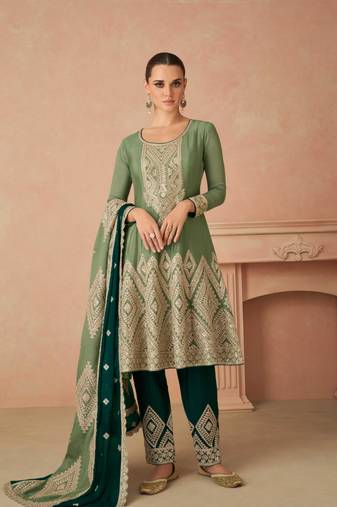 Green embroidered chinnon free size stitched pant anarkali.(size Free size full stitched Up To 42")