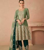 Green embroidered chinnon free size stitched pant anarkali.(size Free size full stitched Up To 42")
