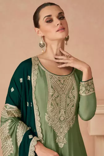 Green embroidered chinnon free size stitched pant anarkali.(size Free size full stitched Up To 42")