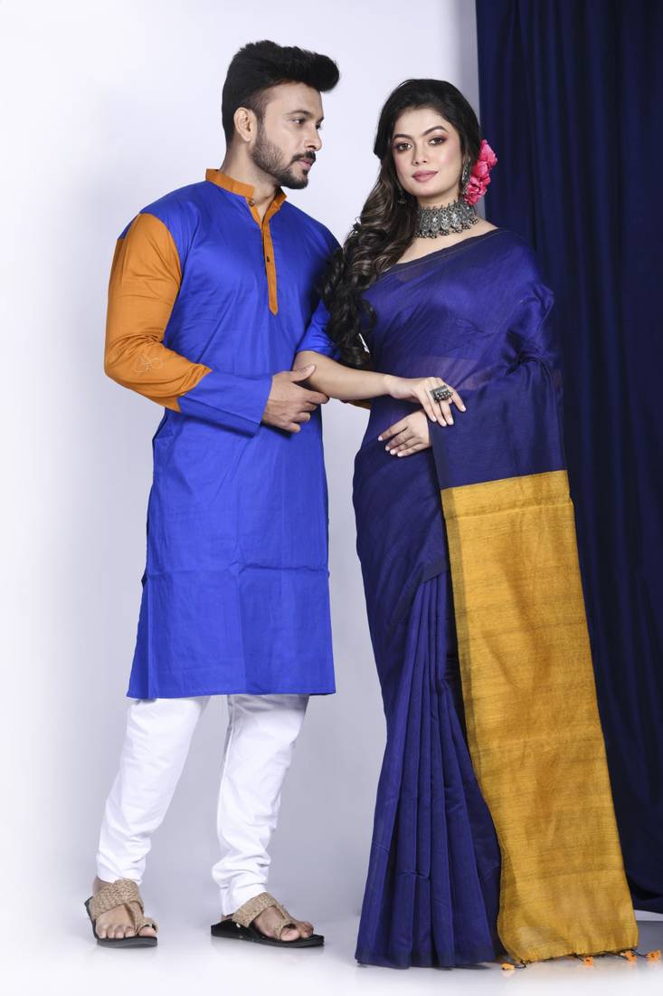 Tibetian poppy blue- kurta & saree couple set