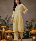 Hand Embroidered Yellow Cotton Lucknowi Chikankari Co-Ord Set 