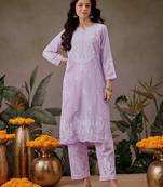 Hand Embroidered Lavender Cotton Lucknowi Chikankari Co-Ord Set 