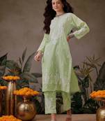Hand Embroidered Liril Geen Cotton Lucknowi Chikankari Co-Ord Set 