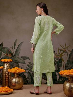 Hand Embroidered Liril Geen Cotton Lucknowi Chikankari Co-Ord Set  2