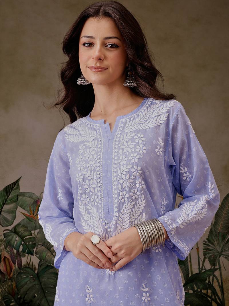 Hand Embroidered Mauve Cotton Lucknowi Chikankari Co-Ord Set 