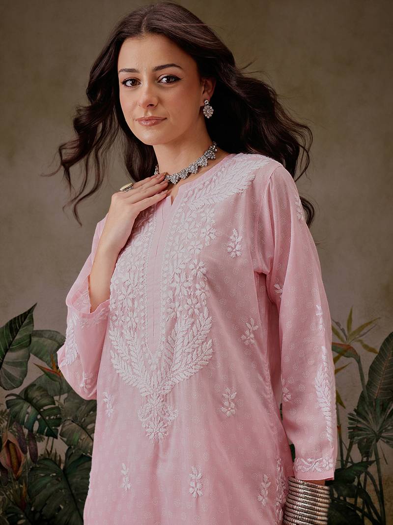 Hand Embroidered Pink Cotton Lucknowi Chikankari Co-Ord Set