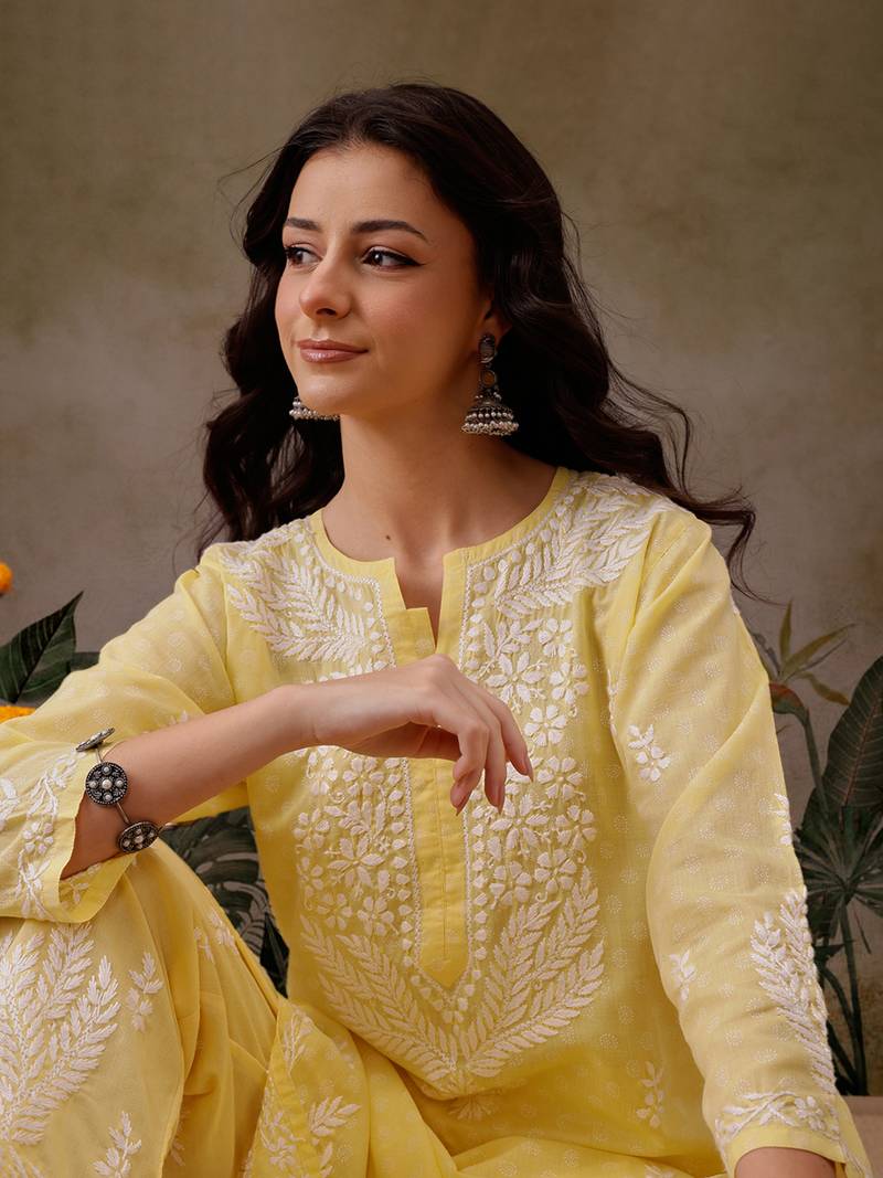 Hand Embroidered Yellow Cotton Lucknowi Chikankari Co-Ord Set 
