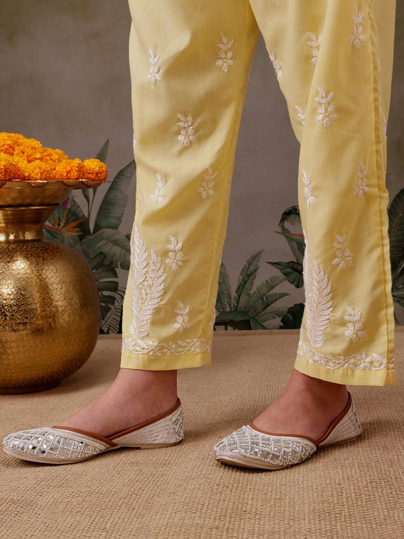 Hand Embroidered Yellow Cotton Lucknowi Chikankari Co-Ord Set 