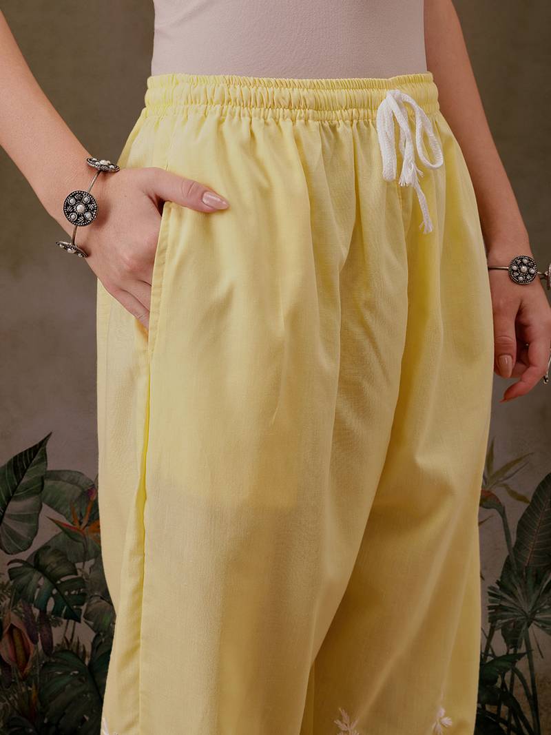 Hand Embroidered Yellow Cotton Lucknowi Chikankari Co-Ord Set 