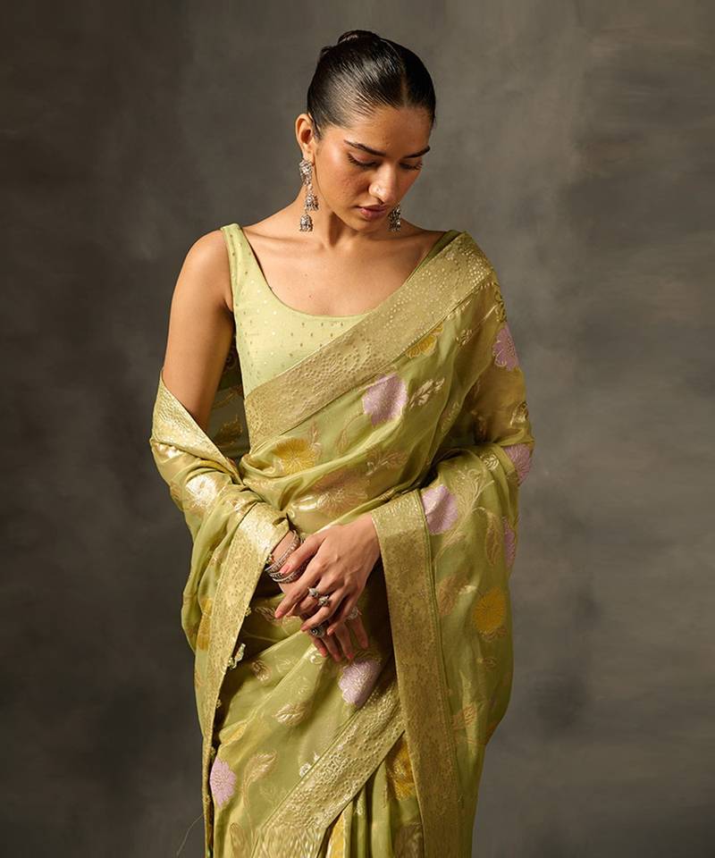 Palki saree - green-With An Unstitched Blouse Piece