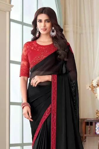 Black Silk Embellished Saree,Sari Comes With Embroidered Blouse