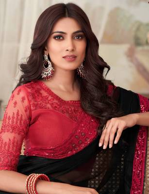 Black Silk Embellished Saree,Sari Comes With Embroidered Blouse 4