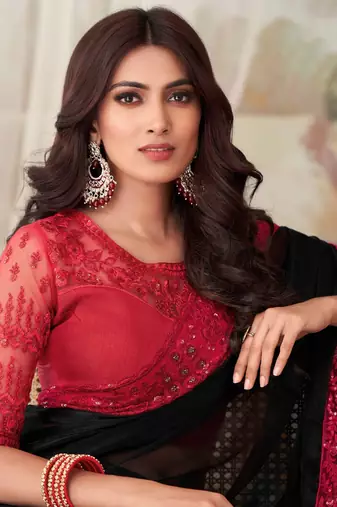 Black Silk Embellished Saree,Sari Comes With Embroidered Blouse