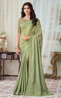Pista Green Silk Embellished Saree,Sari Comes With Embroidered Blouse 1