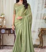 Pista Green Silk Embellished Saree,Sari Comes With Embroidered Blouse