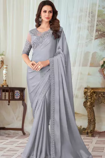 Grey Silk Embellished Saree,Sari Comes With Embroidered Blouse