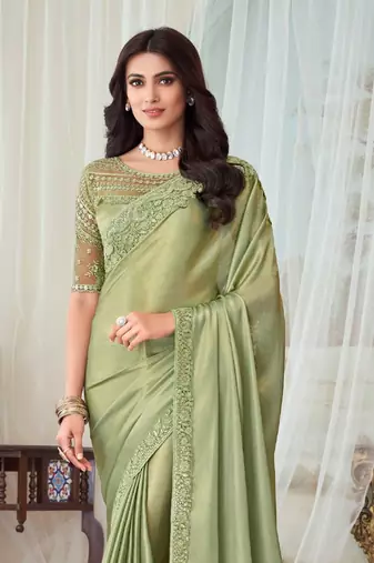 Pista Green Silk Embellished Saree,Sari Comes With Embroidered Blouse