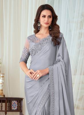 Grey Silk Embellished Saree,Sari Comes With Embroidered Blouse 2