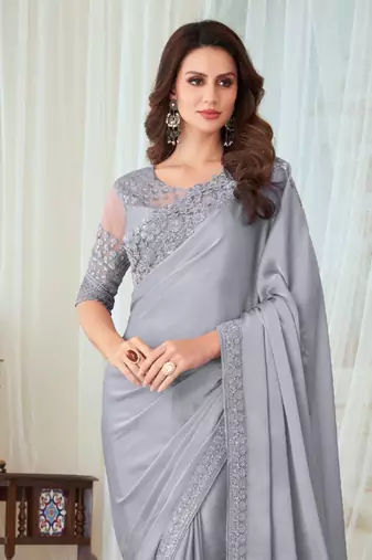 Grey Silk Embellished Saree,Sari Comes With Embroidered Blouse