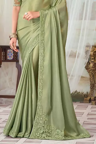 Pista Green Silk Embellished Saree,Sari Comes With Embroidered Blouse