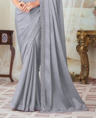 Grey Silk Embellished Saree,Sari Comes With Embroidered Blouse 3