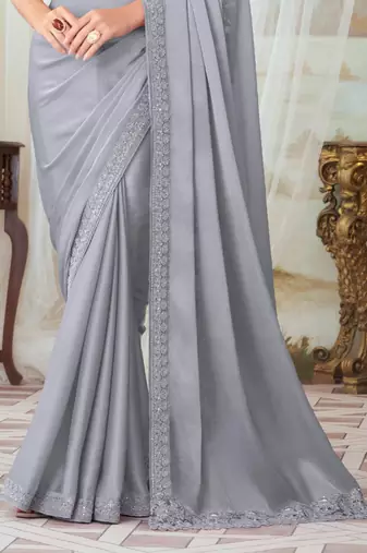 Grey Silk Embellished Saree,Sari Comes With Embroidered Blouse