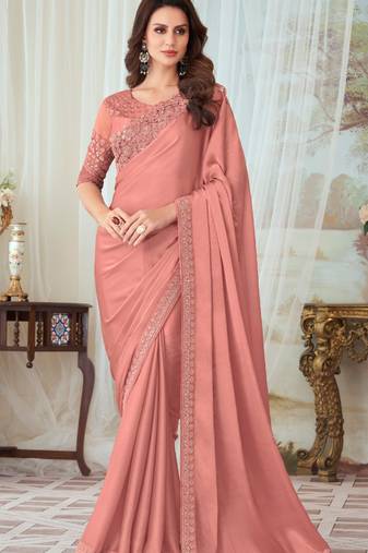 Peach Silk Embellished Saree,Sari Comes With Embroidered Blouse