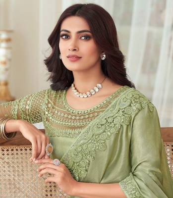 Pista Green Silk Embellished Saree,Sari Comes With Embroidered Blouse 4