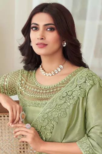 Pista Green Silk Embellished Saree,Sari Comes With Embroidered Blouse