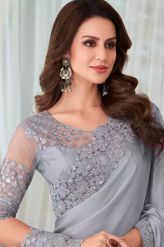 Grey Silk Embellished Saree,Sari Comes With Embroidered Blouse