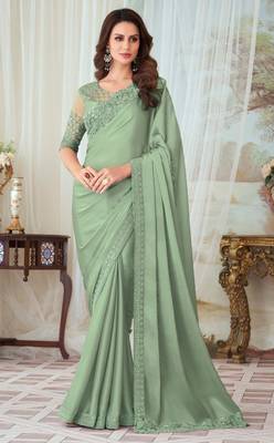 Pista Green Silk Designer Saree,Sari Comes With Embroidered Blouse 1