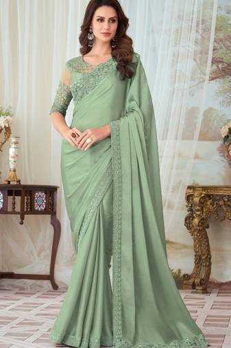 Pista Green Silk Designer Saree,Sari Comes With Embroidered Blouse