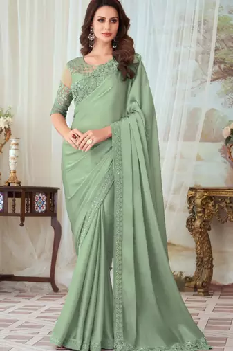 Pista Green Silk Designer Saree,Sari Comes With Embroidered Blouse