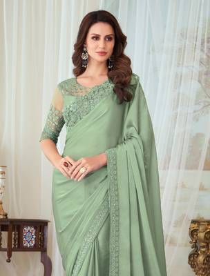 Pista Green Silk Designer Saree,Sari Comes With Embroidered Blouse 2