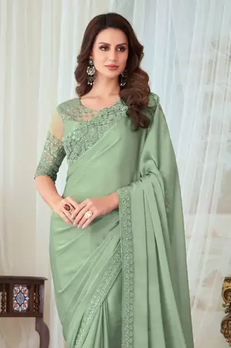 Pista Green Silk Designer Saree,Sari Comes With Embroidered Blouse