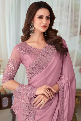 Pink Silk Embellished Saree,Sari Comes With Embroidered Blouse
