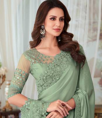 Pista Green Silk Designer Saree,Sari Comes With Embroidered Blouse 4