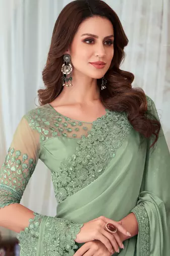Pista Green Silk Designer Saree,Sari Comes With Embroidered Blouse