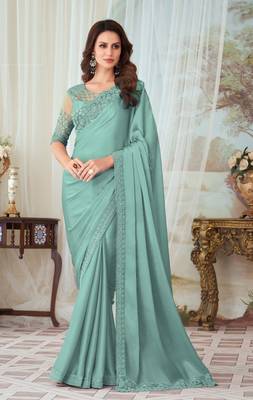 Sea Green Silk Embellished Saree,Sari Comes With Embroidered Blouse 1