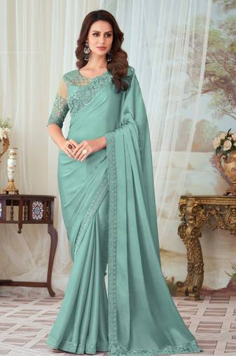 Sea Green Silk Embellished Saree,Sari Comes With Embroidered Blouse