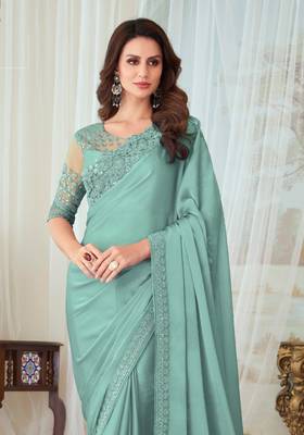 Sea Green Silk Embellished Saree,Sari Comes With Embroidered Blouse 2