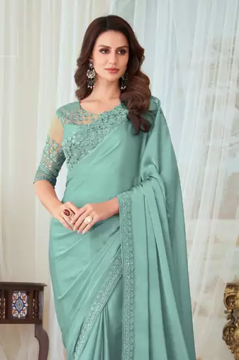Sea Green Silk Embellished Saree,Sari Comes With Embroidered Blouse