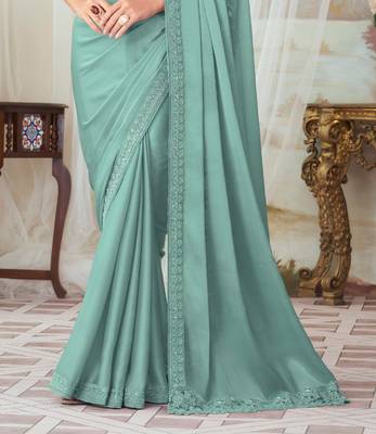 Sea Green Silk Embellished Saree,Sari Comes With Embroidered Blouse 3