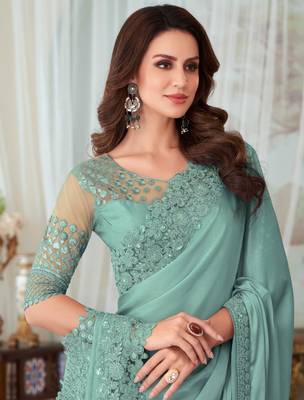 Sea Green Silk Embellished Saree,Sari Comes With Embroidered Blouse 4