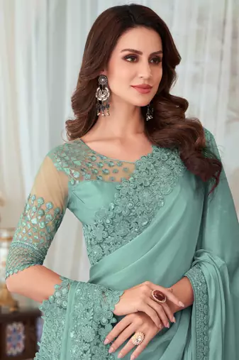 Sea Green Silk Embellished Saree,Sari Comes With Embroidered Blouse