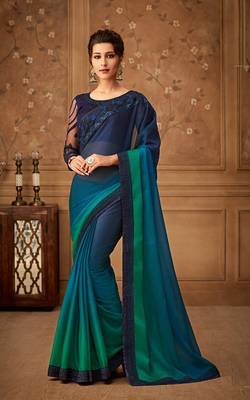 Blue Silk Chiffon Stylish Embellished Saree,Sari Comes With Embroidered Blouse 1